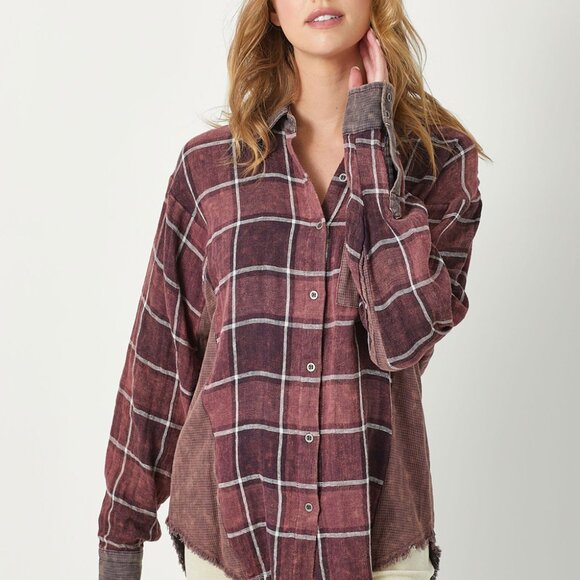MYSTREE Oversized Plaid Button Down Shacket, Burgundy Wine Checkered, Grunge - Picture 2 of 8